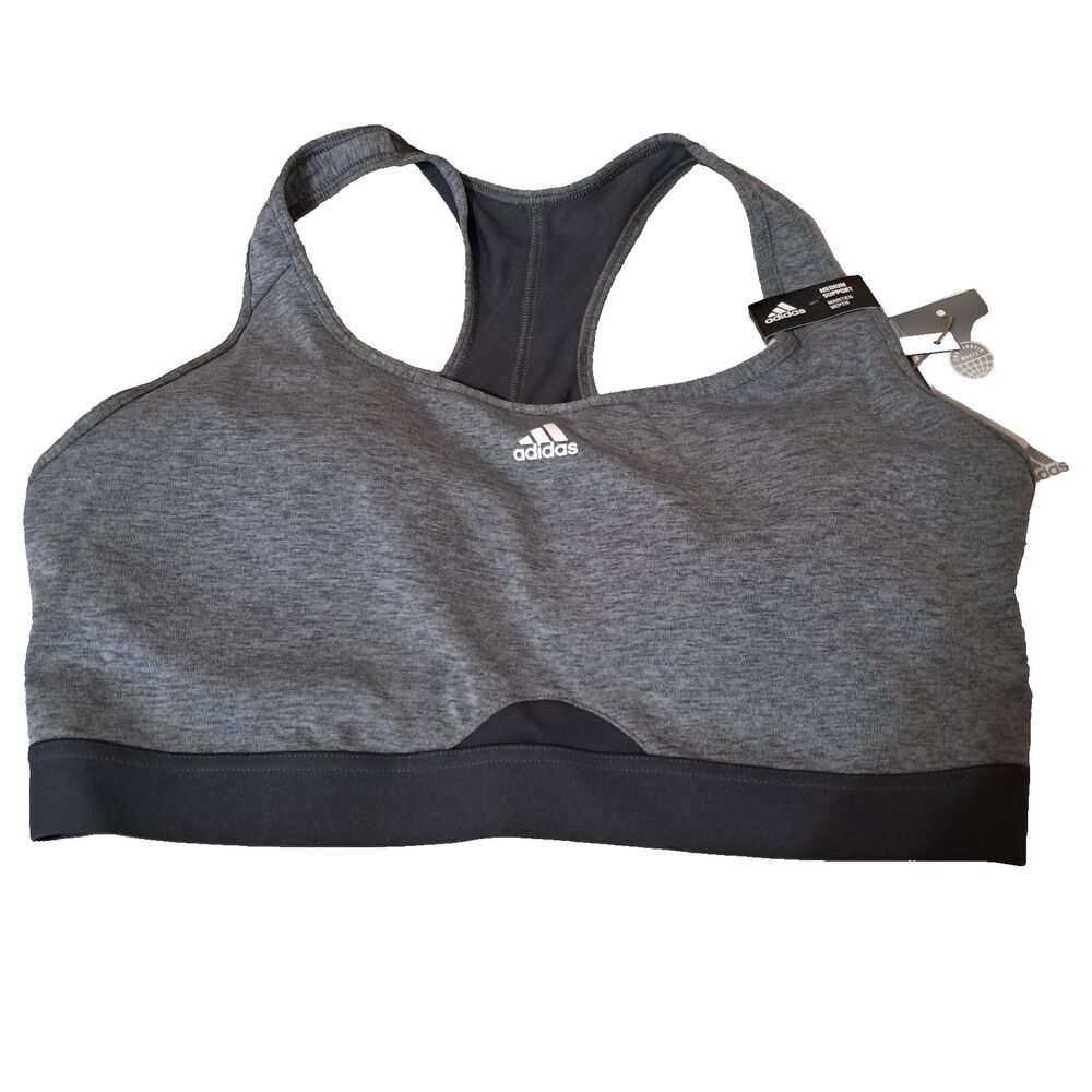 Adidas Womens Gray Black Sports Bra Power React Medium Support LDD Breathable